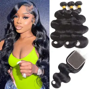 Deep Wave Bundles with Closure Human Hair 4x4 Lace Closure with Baby Hair Natural Color 3 Bundles with Closure Free Part 100% Brazilian Virgin Remy Hair for Black Women