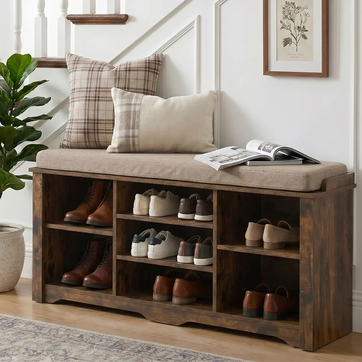 39.4" Entryway Shoe Storage Bench with Cushioned Seat and Adjustable Shelves for Hallway, Bedroom or Mudroom