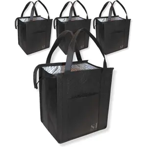 Black Insulated Grocery Bags, 4 Pack  Shopping Bags with Zippered Top for Groceries &  Delivery
