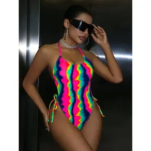 Swim EVENT Women's Tie-Dye Neon Halter Backless One-Piece Swimsuit Bathing Suit For Summer Beach