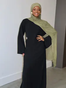 Modest Style Muslim Evening Dress, Zahara Gold Accent Ruched Dress with Ruffle Hem, Flowy Design, Modest Style Dress