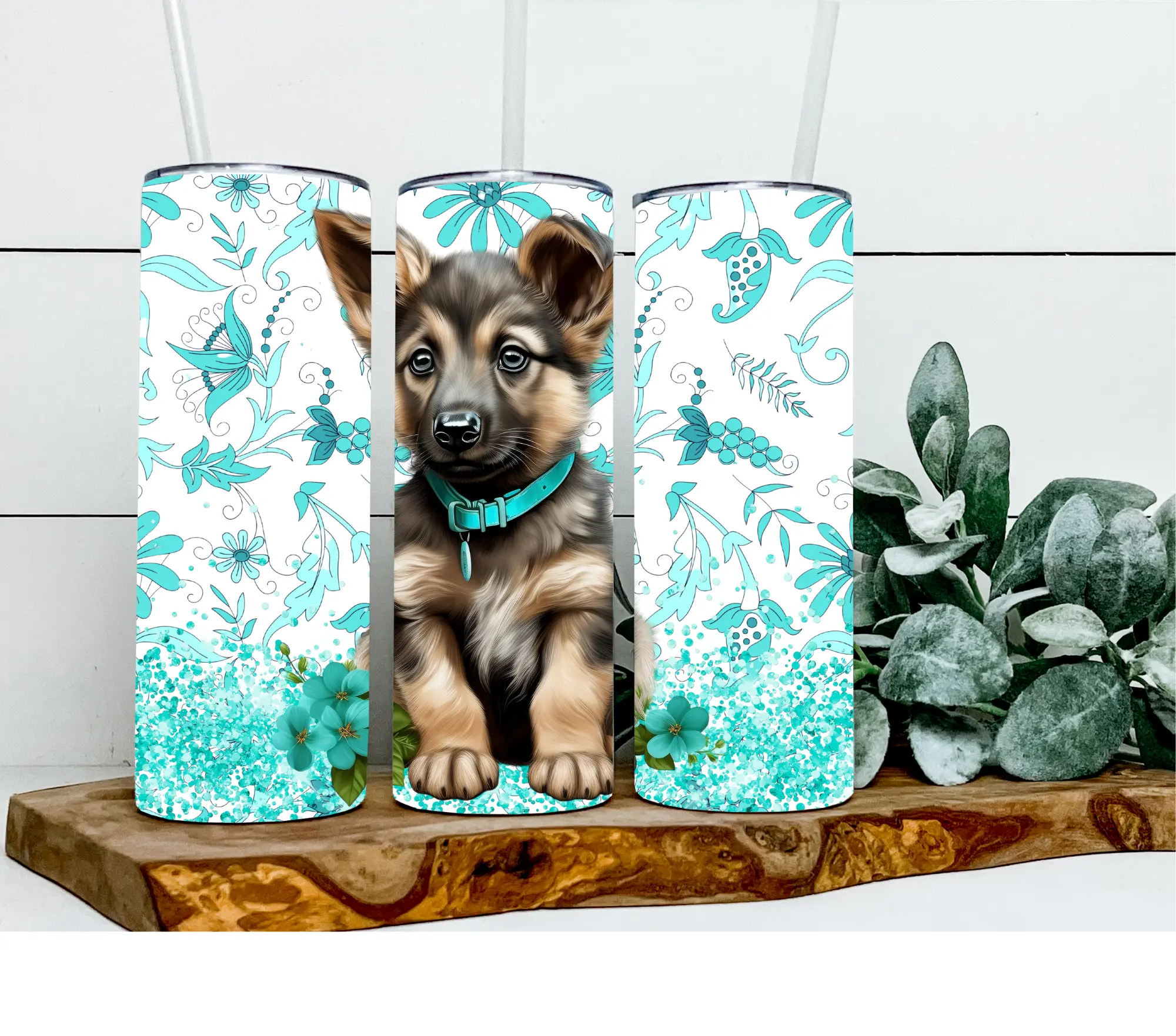 Teal German Shepherd Puppy 20oz Stainless Steel Tumbler with Lid and Straw Coffee Drinkware