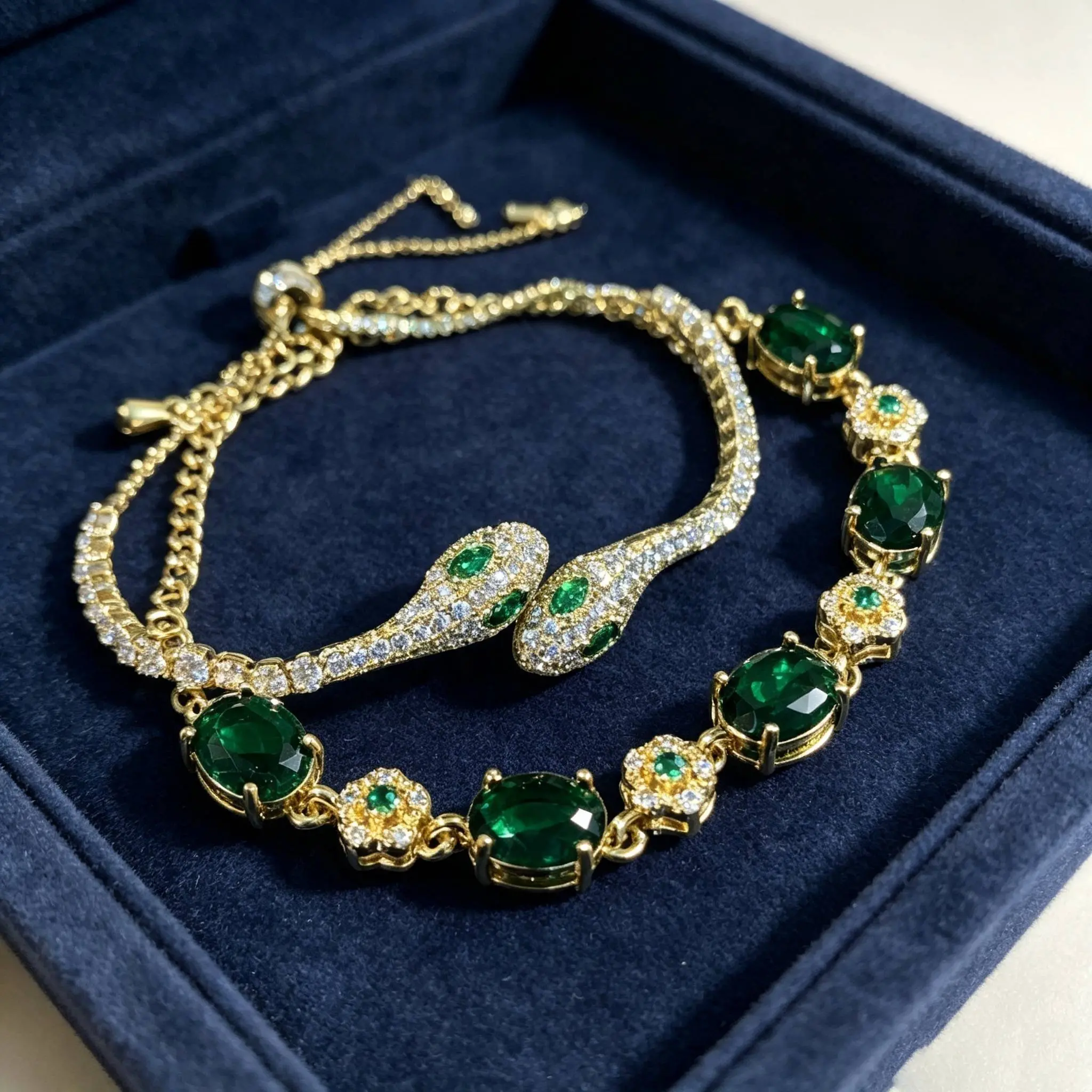 Elegant Green Emerald & Diamond Snake Design Bracelet in Gold Tone with Rhinestones and Chain Closure