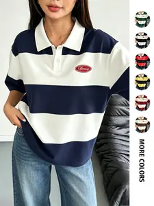 Women's Casual Street Fashion Patchwork Colorblock Short Sleeve Polo T-Shirt, Striped Design, Soft Comfortable Summer Top, Daily Wear & Sports, Striped Polo Shirts, Polo Tees