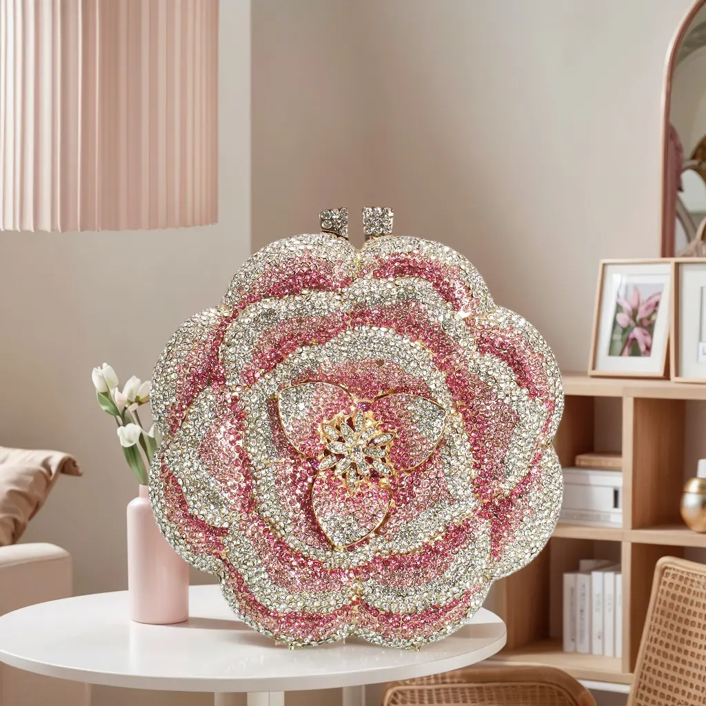 Women's Vintage Floral Rhinestone Crossbody Clutch, Evening Clutch Purse with Bling Rose Accents for Party, Wedding
