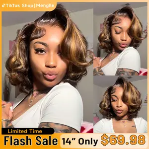 Menglle Side Part Honey Blonde Highlight 7x6 Pre Cut Lace Bouncy Body Wave Bob Wig Human Hair Wigs Natural And Voluminous#Summervibes#TikTokShopStockUp