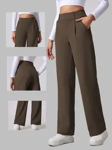 Women's Solid High Waist Trousers, Casual Comfy Trousers for Work Office Business, Ladies Bottoms for All Seasons, Casual Loose Pants
