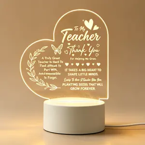 Heart Engraved Acrylic LED Night Light Teacher Gift, Thank You Quote Desk Lamp for Female Teachers, Thoughtful Teacher’s Day Graduation Thanksgiving Christmas Present, Warm Bedroom Classroom Decor Light