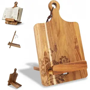 Adjustable Reversible Wooden Cookbook Stand for Kitchen Counter, Recipe Book and Tablet Holder with Cooking Measurement Conversion Card, Gift-ready 13.7"x8.2"