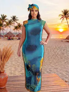 Women's Elegant Deer Print Robe Set, Multicolor Shawl Dress + Headscarf Scarf, Casual Beach Sun Protection Satin Silk Wrap, Swimwear Coverups