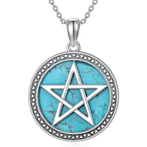 Turquoise Pentagram Necklace for Women 925 Sterling Silver Real Gemstone Pentacle Pendant Pagan Wiccan Jewelry Gifts