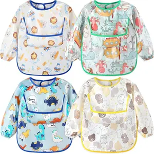 F-GCS06 4 Pack Long Sleeve Baby Bibs, Waterproof Sleeved Bibs for Eating Feeding, Toddler Baby Girls Boys Smock Bibs