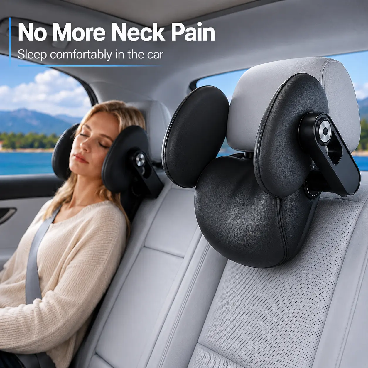 Ergonomic Car Neck Pillow Multifunctional Headrest & Side Pillow Adjustable Slide & Rotate, Premium Memory Foam for Neck Support & Comfortable Sleep, with Hooks for Bags & Phone/Tablet Holder, Extra Storage, Suitable for Adults & Kids, Ideal Gift