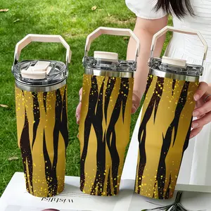 30oz Stainless Steel Handheld Water Bottle, Gold Tiger Print Design, Dual-Layer Vacuum Insulated Cold & Hot, Portable Travel Cup Gift