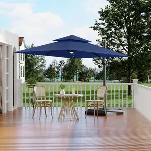 Modern 10FT Offset Cantilever Patio Umbrella - Navy Blue, 360° Rotation, Easy Crank-Tilt Adjustable, Solar LED Lights, UV50+ Polyester Canopy, Windproof, Waterproof for Backyard, Poolside