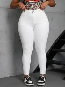 Women's Plus Size Jeans, Slim Skinny Fit Long Pants, Elegant Casual Style, Comfortable Stretch Denim, All Season Daily Wear