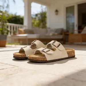 SHOESLOCKER Women's Double-Strap Buckle Cork Slides – Cloud Comfort Summer Sandals with Cork Sole, Casual Outdoor Footwear