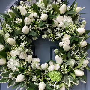Elegant Greenery Wreath, Cream Color Tulips with Hydrangeas and Mixed Leaf Materials, All-Season Porch and Entrance Decoration Hanging Flowers, Decorative Flowers