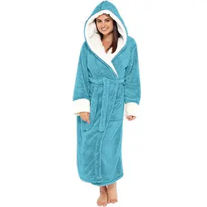 Womens Hooded Fleece Robes, Soft Long Bathrobe Fluffy Warm Loungewear S-5XL Casual Polyester