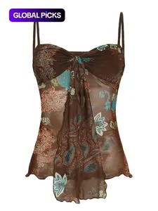 Women's Boho Fitted Sleeveless Square Neck Floral & Paisley Print Cami Top, Vintage Casual Sleeveless Spaghetti Strap Top for Summer, Women's Clothing for Daily Wear