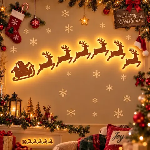 7-piece 3D Christmas reindeer wall decoration set with Santa's sleigh, warm white LED self-adhesive holiday wall lamp, wireless Christmas decoration, suitable for living room, bedroom and entryway.