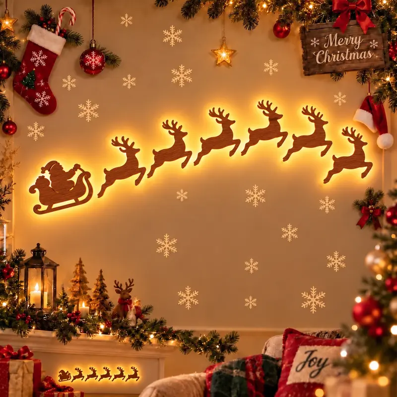 7-piece 3D Christmas reindeer wall decoration set with Santa's sleigh, warm white LED self-adhesive holiday wall lamp, wireless Christmas decoration, suitable for living room, bedroom and entryway.