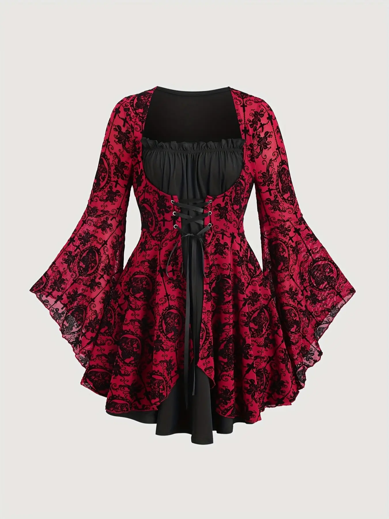 Women's Plus Size Slim Fit Elegant Gothic Floral Lace Print Long Sleeve Dress with Bell Sleeves and Ruffled Hem, Stylish Aesthetic and Comfortable Fashion
