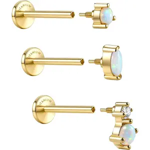 18G G23 Implant Grade Titanium Flat Back Studs • Hypoallergenic Lab-Created Opal Piercing Jewelry • 14K Gold Plated Internally Threaded Earring for Helix, Tragus & Cartilage • Sensitive Ears Friendly (3 Pcs Set)