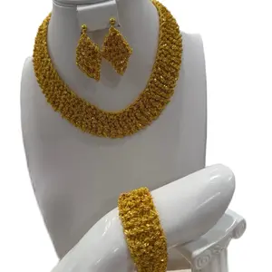 Indian Plated Gold Jewelry Set - Elegant Necklace Earrings & Bracelet Ensemble for Special Occasions