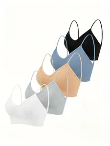 Women's Wireless 5-Pack Polyester Cami Bralettes - V-Neck, Built-in Padded, Lightly Lined, No Underwire, Seamless Straps, Breathable, Soft, Lightweight, Fit Everyday Basic Underwear for Yoga, Sleeping Use