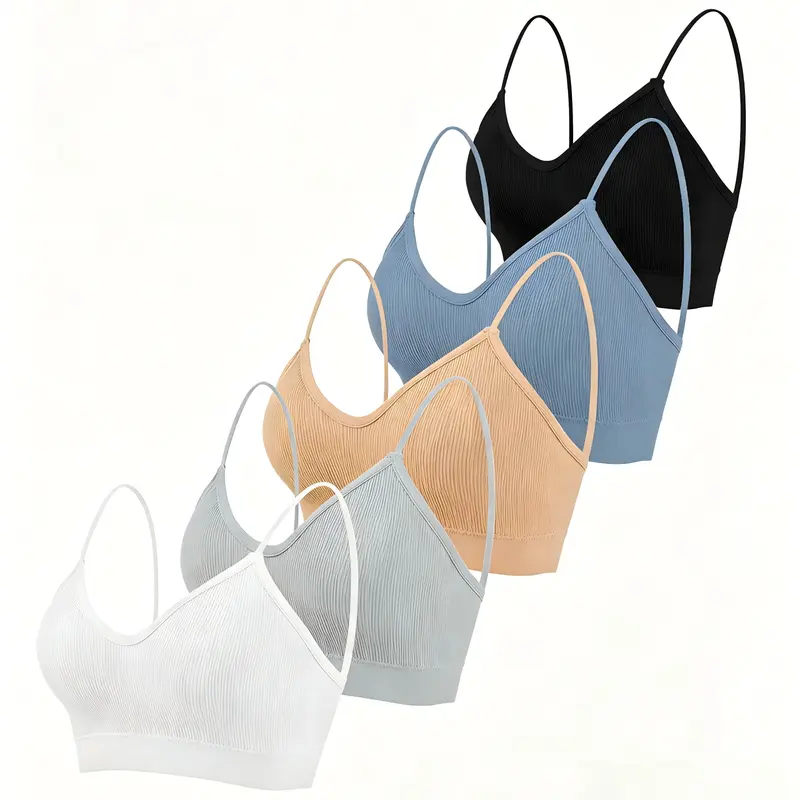 Women's Wireless 5-Pack Polyester Padded Cami Bralettes - V-Neck, 5mm Wide Straps, Removable Pads, Breathable, Lightweight, Soft, Elastane, Solid Colors, No-Seam, for Yoga, Running, Everyday Indoor/Outdoor Use
