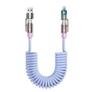 240W 4in1 Retractable Coiled Charging Cable, 2M Fast Charging Spring Cord with RGB Ambient Light & Fresh Scent, Universal USB C to Lightning/USB A to Type C Cable for iPhone 16/15/14, MacBook, iPad, Android, Laptop 240w fast charge