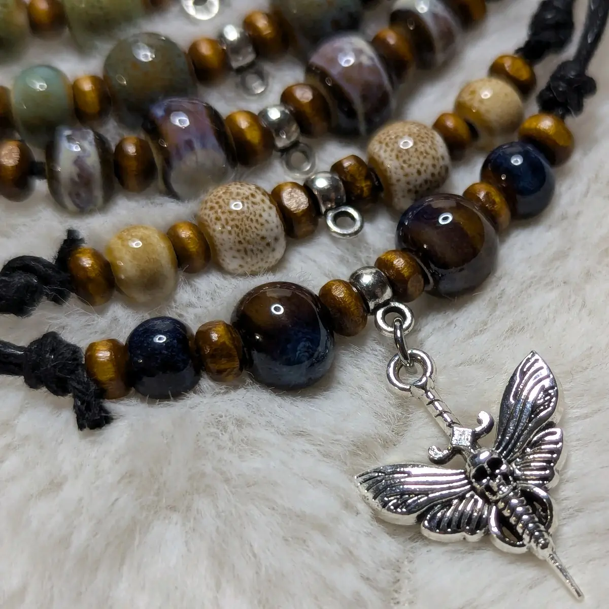 Moth Sword Charm Ceramic Beaded Silver Boho Hippie Whimsical Adjustable Black Rope Cord Choker Stacking Necklace