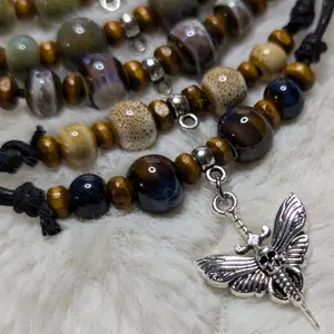 Moth Sword Charm Ceramic Beaded Silver Boho Hippie Whimsical Adjustable Black Rope Cord Choker Stacking Necklace