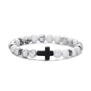 Cross Bracelet with White Howlite Beads - Stylish Religious Jewelry for Everyday Wear