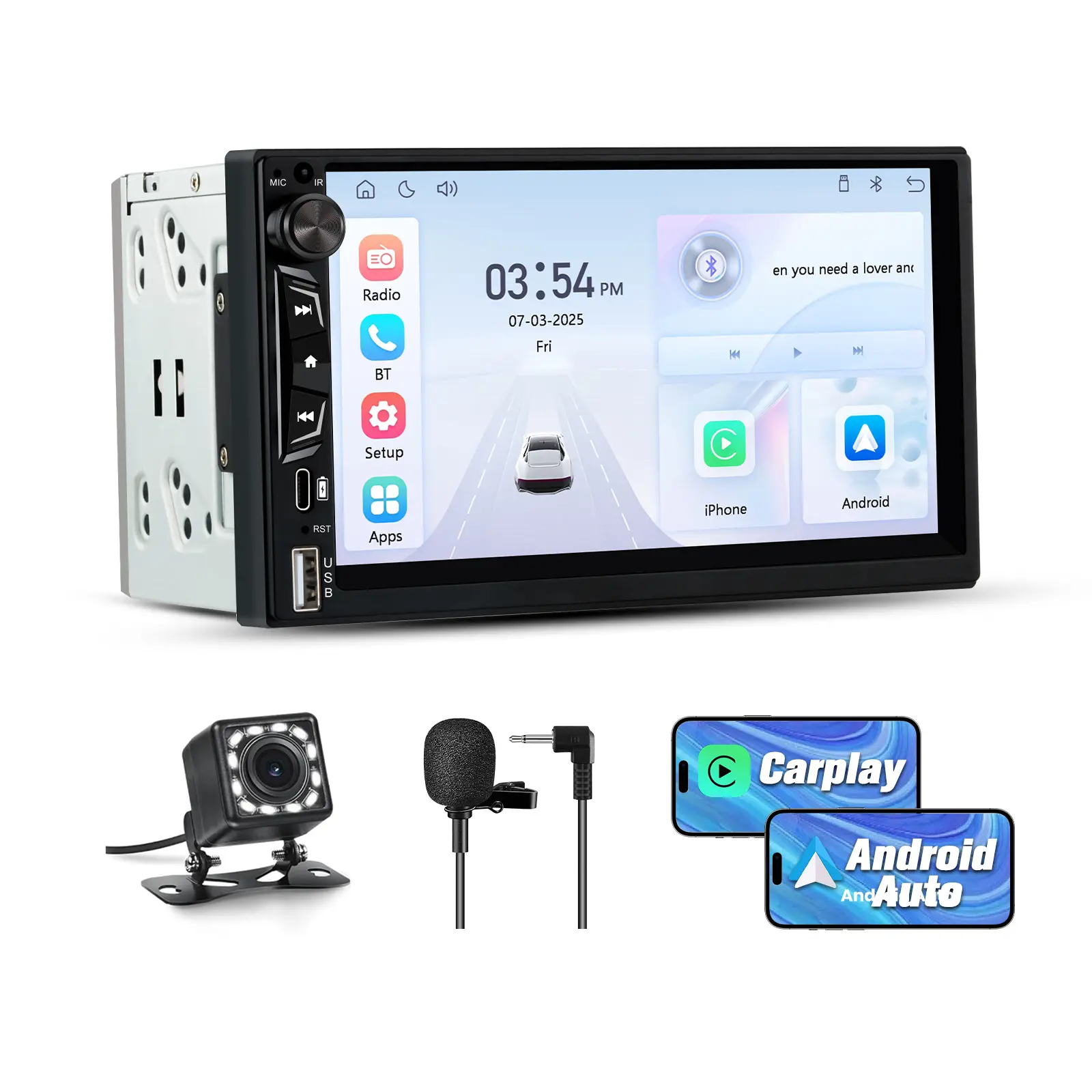 Litillbuly 7-Inch Touchscreen Wireless Double-DIN Head Unit, Double-DIN Fit, CarPlay, Wireless CarPlay, Android Auto Ready, 1080P Rear Cam