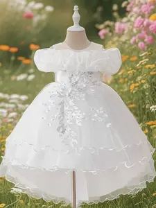 Girl's Floral Embroidery Sequin Decor Tulle Dress, Embroidered Tulle Dress, Elegant Cold Shoulder A Line Dress for Party Performance Wedding Guest, Kids Clothes for Summer