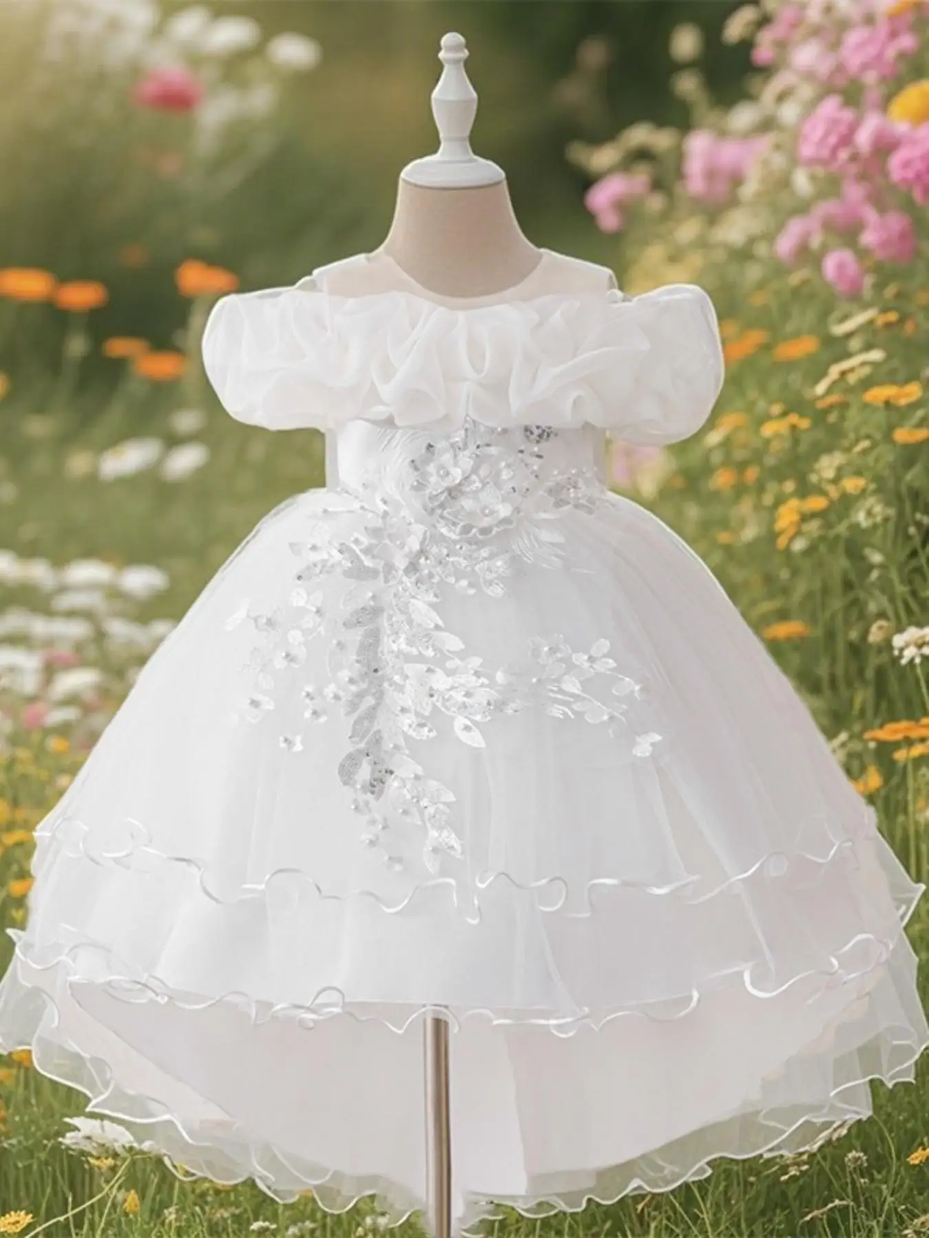 Girl's Floral Embroidery Sequin Decor Tulle Dress, Elegant Cold Shoulder A Line Dress for Party Performance Wedding Guest, Kids Clothes for Summer