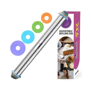 Adjustable Rolling Pin With Thickness Rings For Baking  Stainless Steel Designs Dough Roller Pins Cookie Decorating & Pizza Pie Long 23.6 Inch