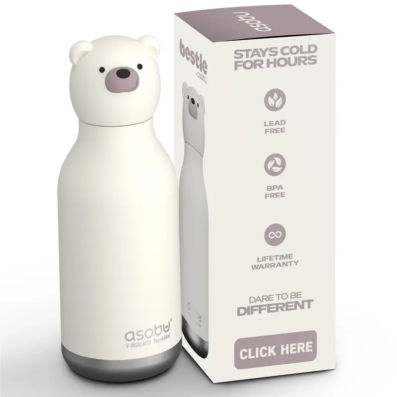 Asobu Bestie Reusable Kids Stainless Steel Water Bottle - Insulated, BPA-Free, Heat-Resistant Drinkware with Detachable Soft Animal Head, Mess-Free Travel Hydration Solution for Desk Use