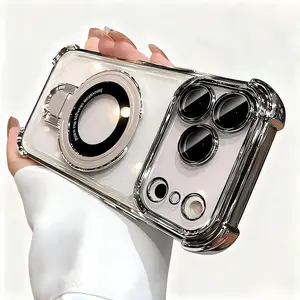 ECANCASE Fashion Black Silver Hard Acrylic Clear Case with DIY Sticky Magnetic Stand Four Airbag Corners Camera Lens Protection for Magsafe iPhone 17 Pro Max Air 17Pro 11-16 Promax Plus Shockproof Fundas Smartphone Cover