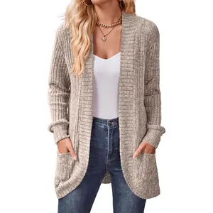 Women's Long Sleeve Loose Knit Cable Open Down Lightweight Soft Knit Sweaters Outerwear Coat with Pockets