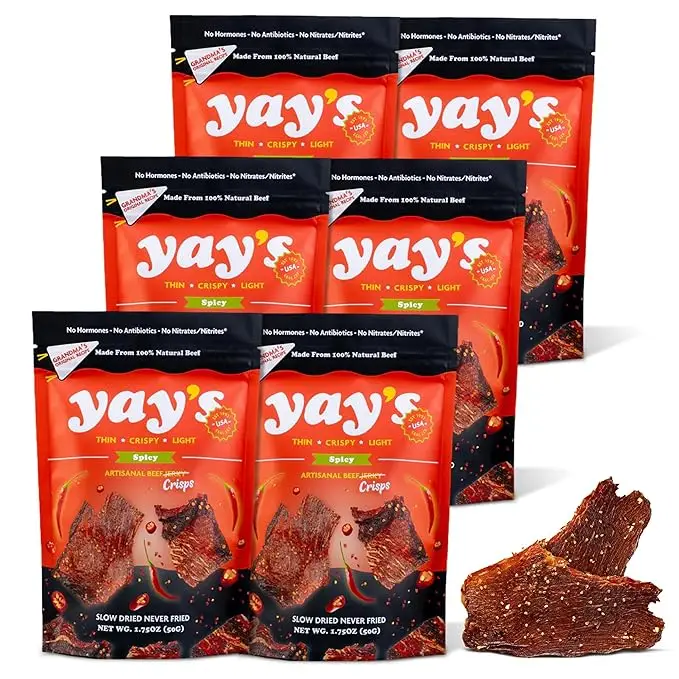 Yay’s Beef Jerky – Spicy – 6 pack - Thin and Crispy - Crispy Meat Snacks with 24...