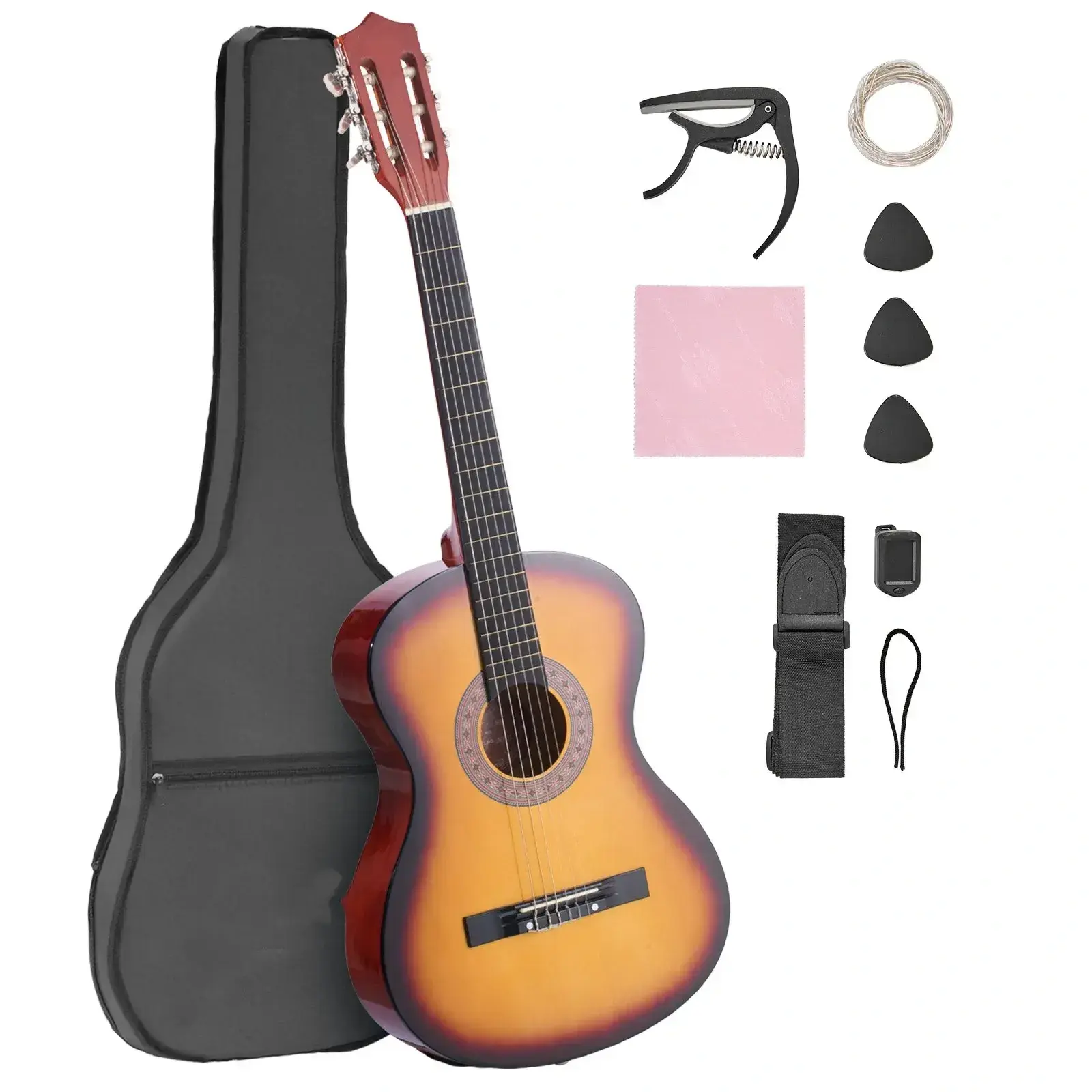 38-Inch Basswood Classical Guitar Starter Kit for Beginners - Nylon Strings, Gig Bag, Strap, Tuner, Extra String, Pick, Capo, Sunburst Finish (Musical Instrument for Teenagers)