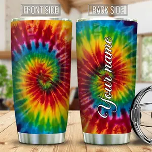 Personalized Hippie Tie Dye Tumbler, Custom Raibow Tie Dye Hippie Style Tumblers Coffee Cup Travel Mug, Funny Birthday Gift For Women, Girls