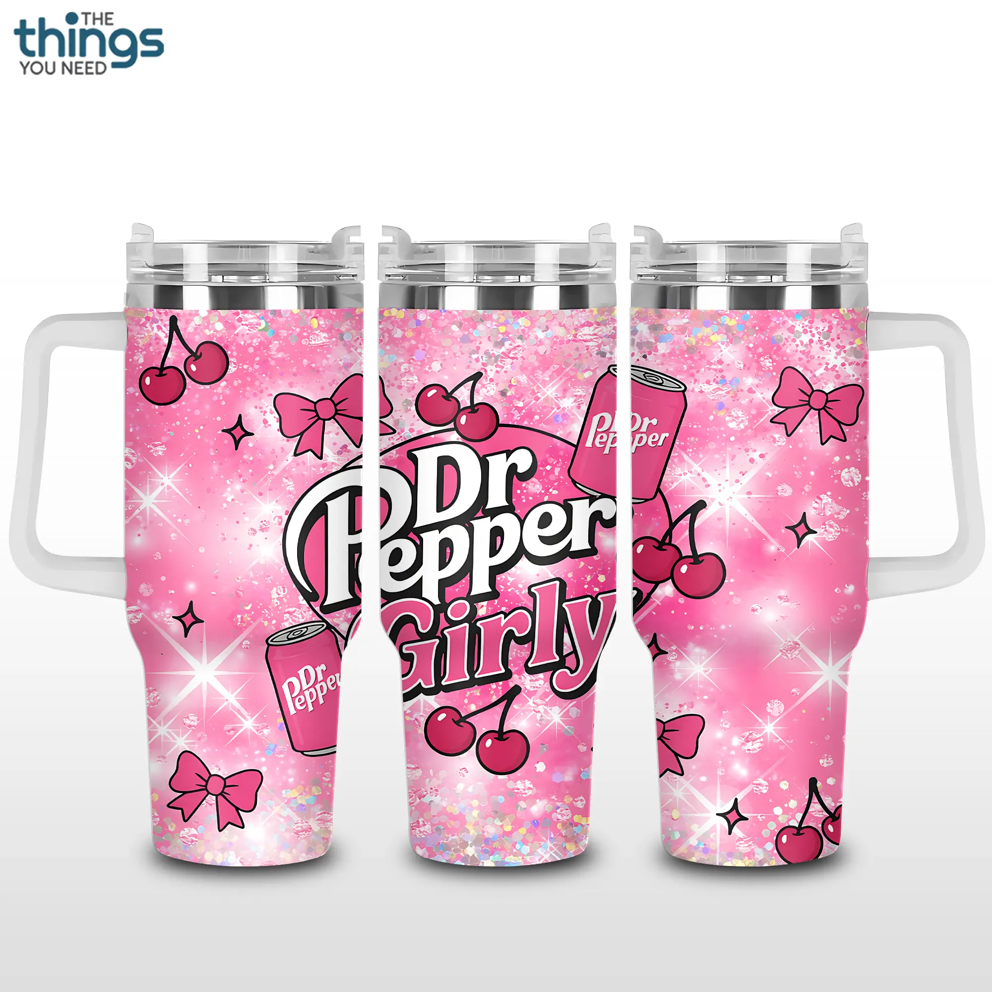 Pink Dr Pepper Graphic Tumbler 40oz & 20oz, Insulated Stainless Steel Travel Mug with Handle & Lid, Double Wall Vacuum Cup, Retro Soda Drink Aesthetic Gift for Soft Drink Fans, Water Bottle, Daily Use