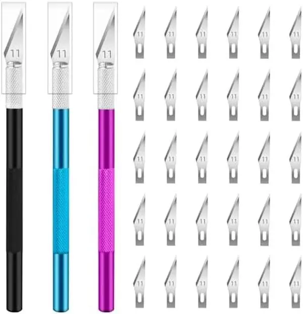 JETMORE Precision Craft Knife Set - 3 Hobby Knives with 30 #11 Blades for Crafts, Arts, Modeling (Purple-Blue-Black)