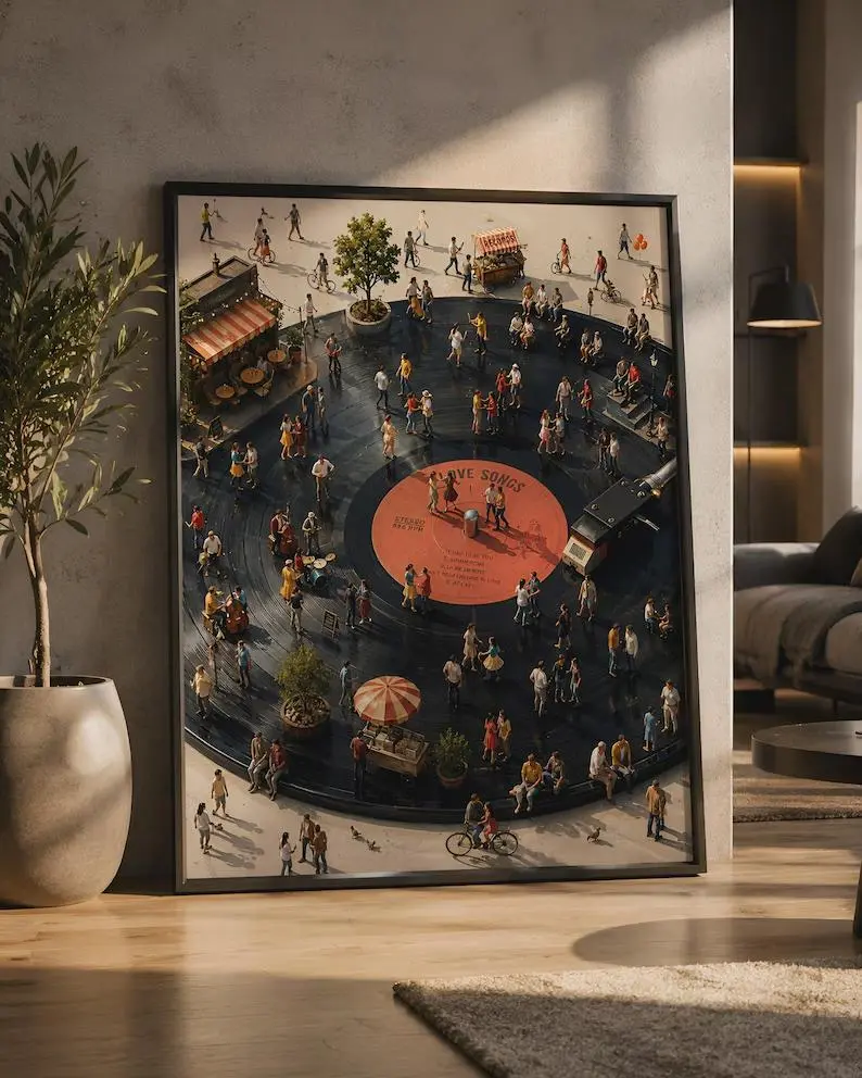 Vinyl City Art Print, Retro Music Poster, Miniature World Wall Art