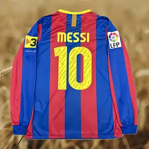 10-11 Season Home Red and Blue Messi #10 Long-Sleeve Retro Jersey
