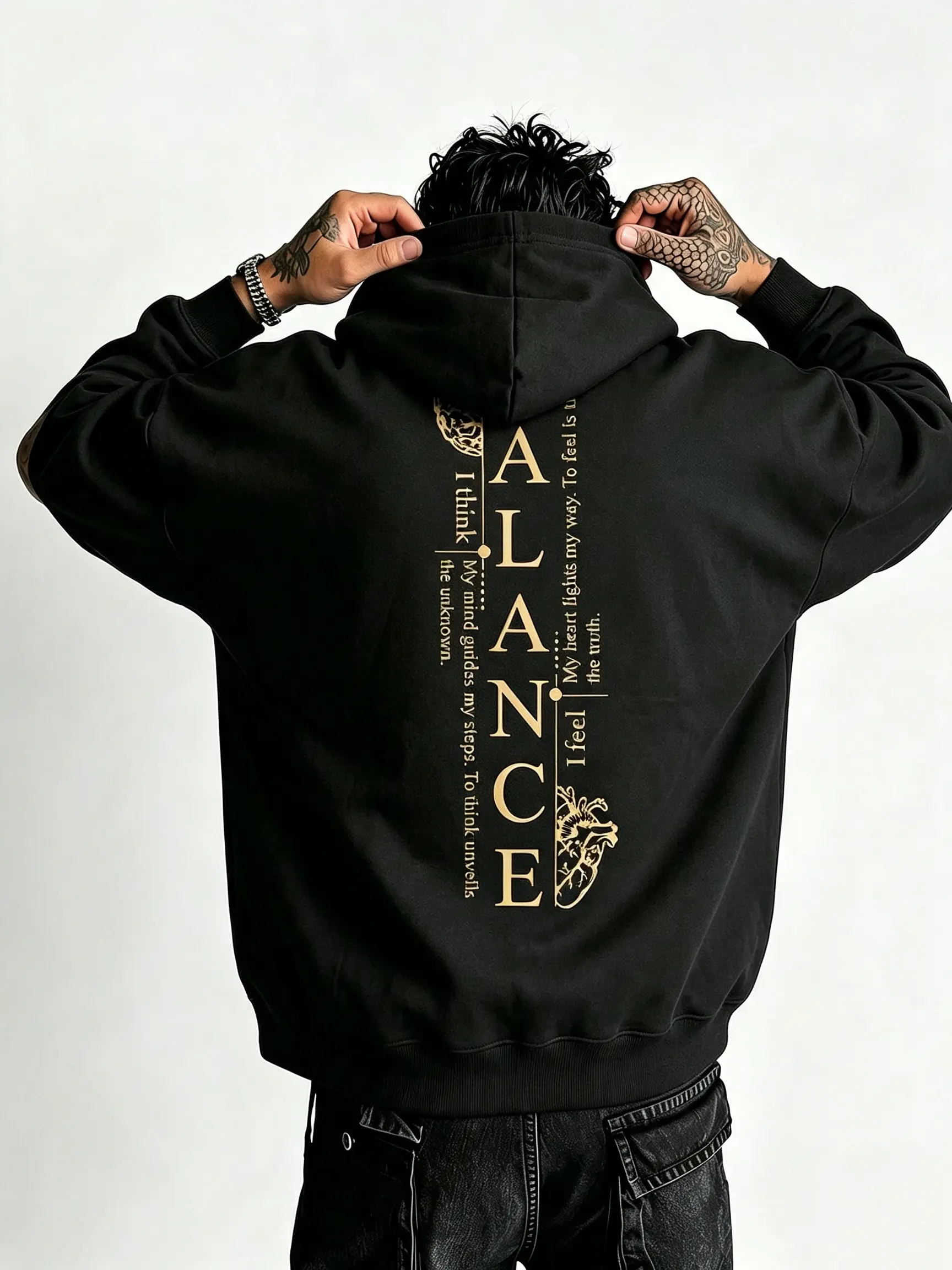 Men’s BALANCE Brain Heart Vertical Back Print Sweatshirt, crewneck or hoodie options, plus-size minimalist motivational streetwear pullover, trendy casual long-sleeve top for the back-to-school season
